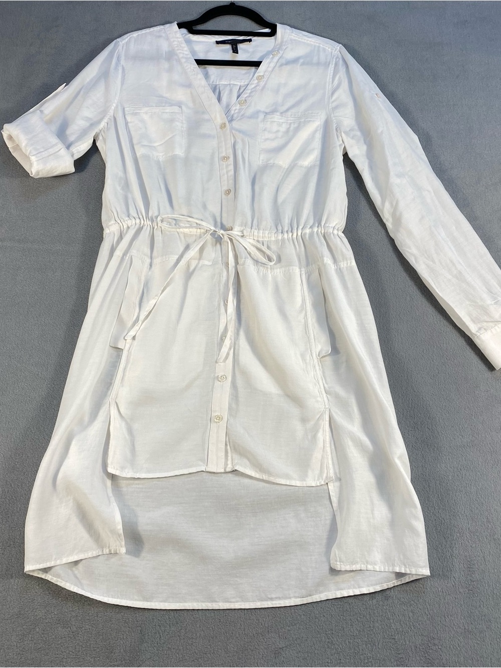 BCBGMaxAzria women’s White High-Low Button-Front Drawstring Shirtdress, size S